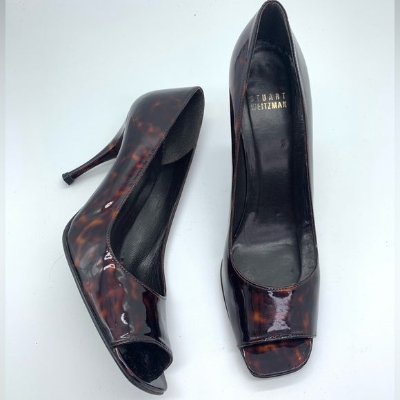 Stuart Weitzman‎ Cognac Tortoise Open Toe Pump Patent Leather Size 8.5N ITM808 - Picture 1 of 11